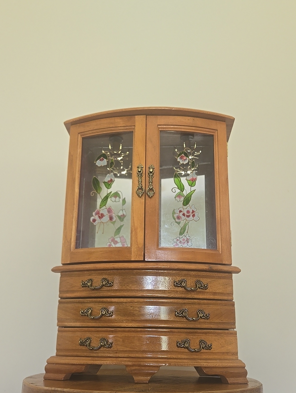 Vintage 90s Mele Wooden Painted Glass Jewelry Armoir Chest Drawers Hooks